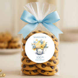 Teacup Yellow Blue Flowers 100. Geburtstag Runder Aufkleber