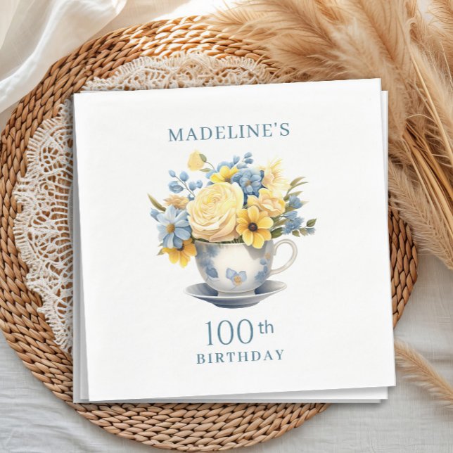 Teacup Yellow Blue Flowers 100. Geburtstag Serviette (Blue teacups with yellow floral birthday party paper napkins, customizable with your text)