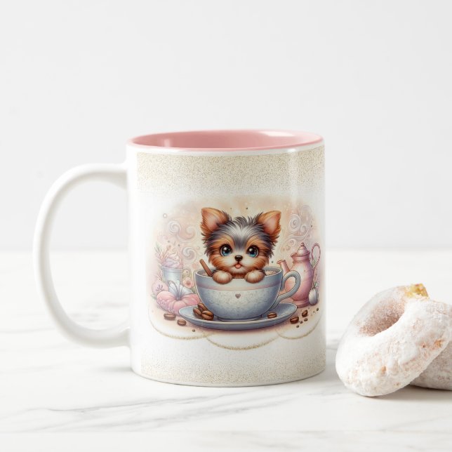  Teacup Yorkie Coffee Lover Zweifarbige Tasse (Mit Donut)