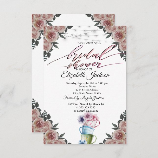 Teacups Blume String Lights Brautparty Einladung (Vorne/Hinten)