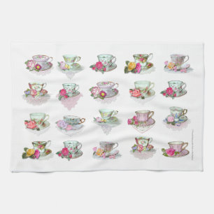 Teacups-Tee-Schalen-rosa Rosen-Blumentee-Schalen Küchentuch