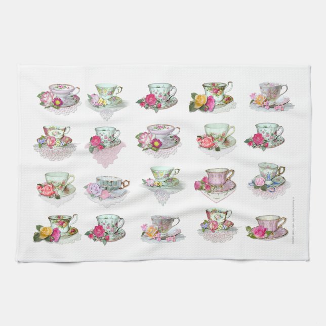 Teacups-Tee-Schalen-rosa Rosen-Blumentee-Schalen Küchentuch (Horizontal)