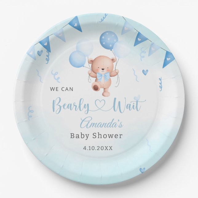 Teady Baby Bear Aquarell Boho Blue Balloons Pappteller (Vorderseite)