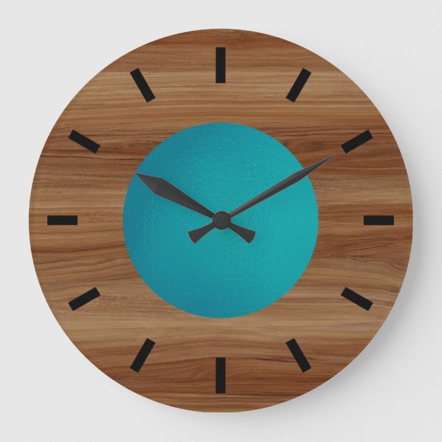 Teak aussehen Aquamarin Türkis Blau modern Groß Große Wanduhr (Vorderseite)