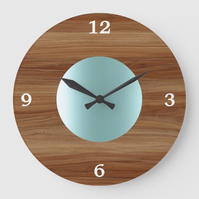 Teak Look Aqua Blue modern Große Wanduhr (Vorderseite)