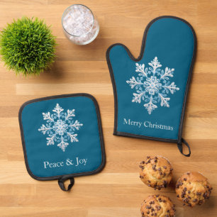Teak White Light Blue Christmas Snowflake Ofenhandschuh & Topflappen-Set
