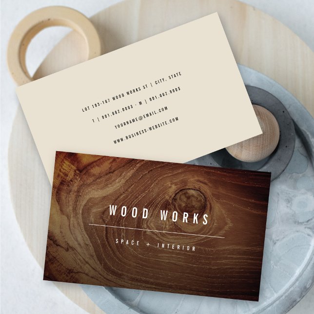 Teak Wood Grain Foto Minimalistisches Innendesign Visitenkarte (Teak Wood Grain Photo Modern Minimalist Interior Design Business Card @ zazzle.com/color_therapy)
