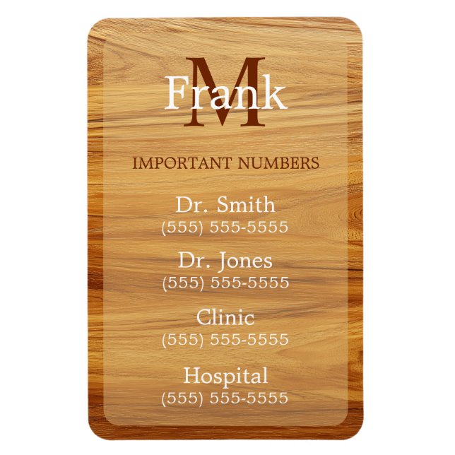 Teak Wood Look Important Phone Numbers Magnet (Vertikal)