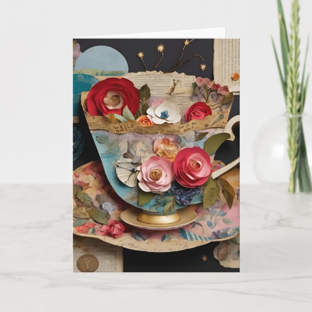 Teakup und Blume - Mixed Media Collage Karte (Vorderseite)