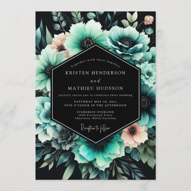 Teal Abyssal Bloom Hochzeit Einladung (Vorderseite)