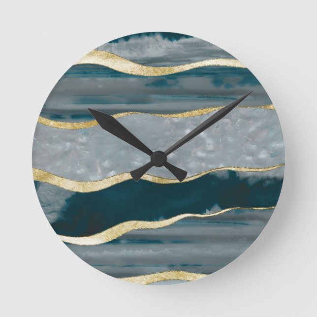 Teal Agate Gold Stripe Glam #1 #gem #decor #art Runde Wanduhr (Vorderseite)