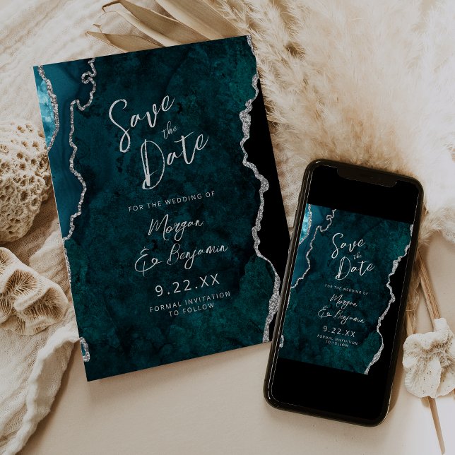 Teal Agate Silver Script Wedding Save the Date Einladung (Von Creator hochgeladen)