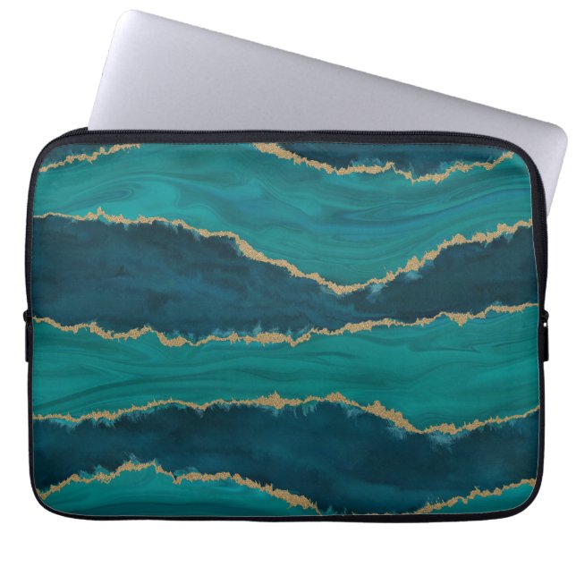 Teal Agate Waves – Abstract Marble with Gold Laptopschutzhülle (Vorderseite)