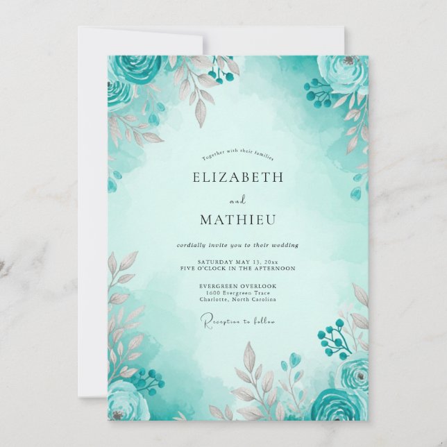 Teal Airy Spring Wedding Einladung (Vorderseite)