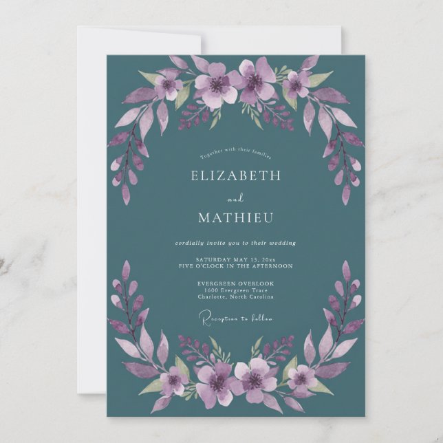 Teal-Amethyst-Wildflower-Hochzeit Einladung (Vorderseite)