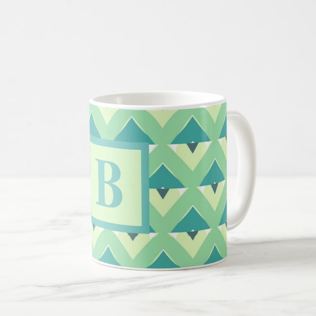 Teal and Blue Geometric Pattern Monogram Kaffeetasse (VorderseiteRechts)