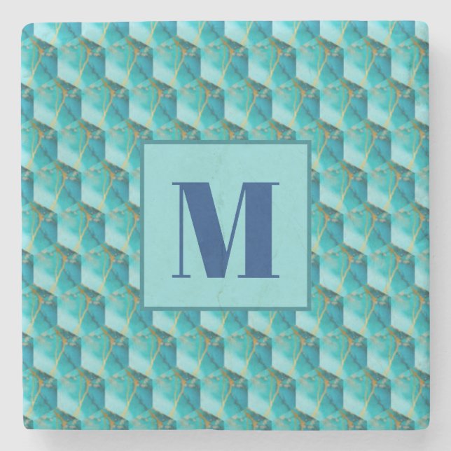 Teal and Blue Initial Stone Coaster Steinuntersetzer (Vorderseite)
