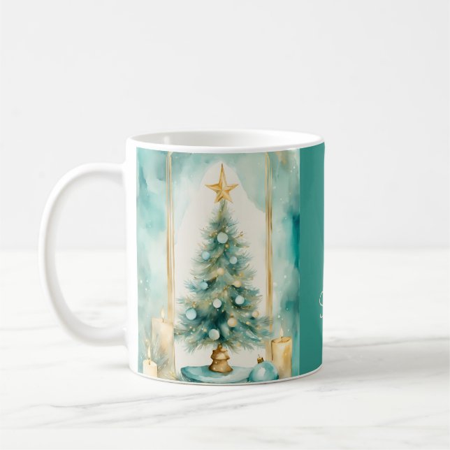 Teal and Gold Elegant Christmas Tree with Candles Kaffeetasse (Links)