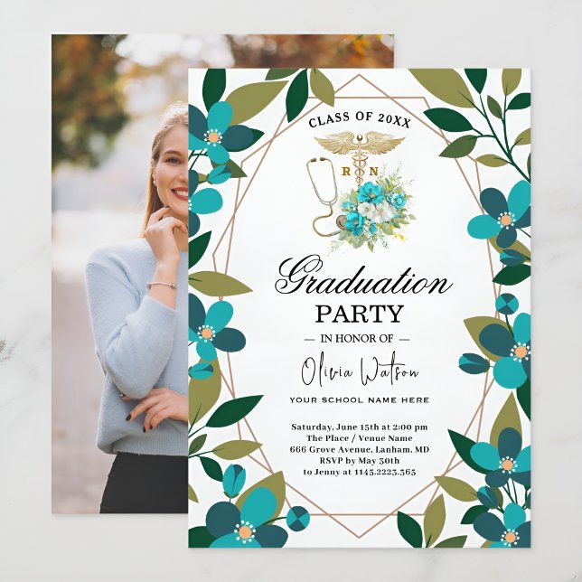 Teal and Gold Floral RN Graduation Invitation | Nu Einladung (Von Creator hochgeladen)