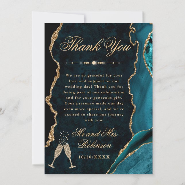 Teal and Gold Glitter Agate & Marble Wedding Dankeskarte (Vorderseite)