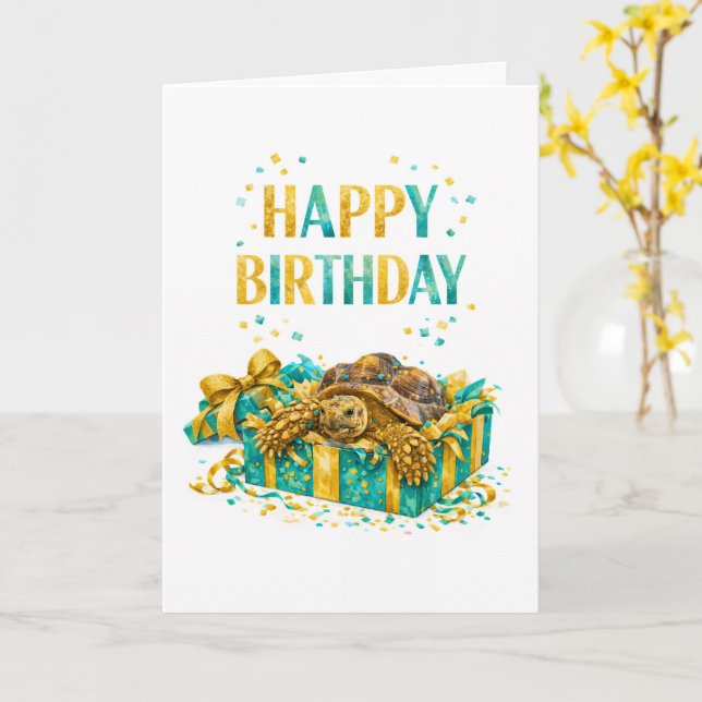 Teal and Gold Happy birthday Sulcata tortoise gift Karte (Gelbe Blume)