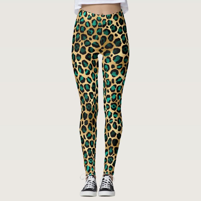 Teal and Gold Leopard Series Design 14 Leggings (Vorderseite)