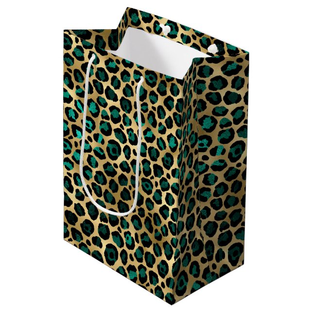 Teal and Gold Leopard Series Design 14 Mittlere Geschenktüte (Vorderseite Schrägansicht)