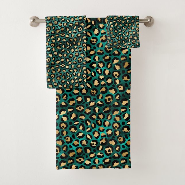 Teal and Gold Leopard Series Design 3 Badhandtuch Set (Insitu)