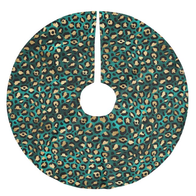 Teal and Gold Leopard Series Design 3 Polyester Weihnachtsbaumdecke (Vorderseite)