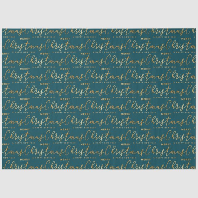 Teal and Gold Merry Christmas Word Art Seidenpapier (Vorderseite)
