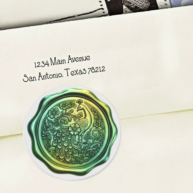 Teal and Green Peacock Wax Look Seal Runder Aufkleber (Von Creator hochgeladen)