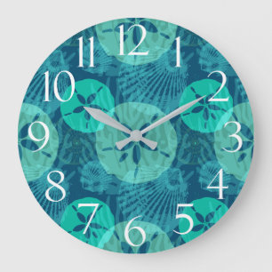 Teal and Navy Blue Seashells Sand Dollars Beach Große Wanduhr