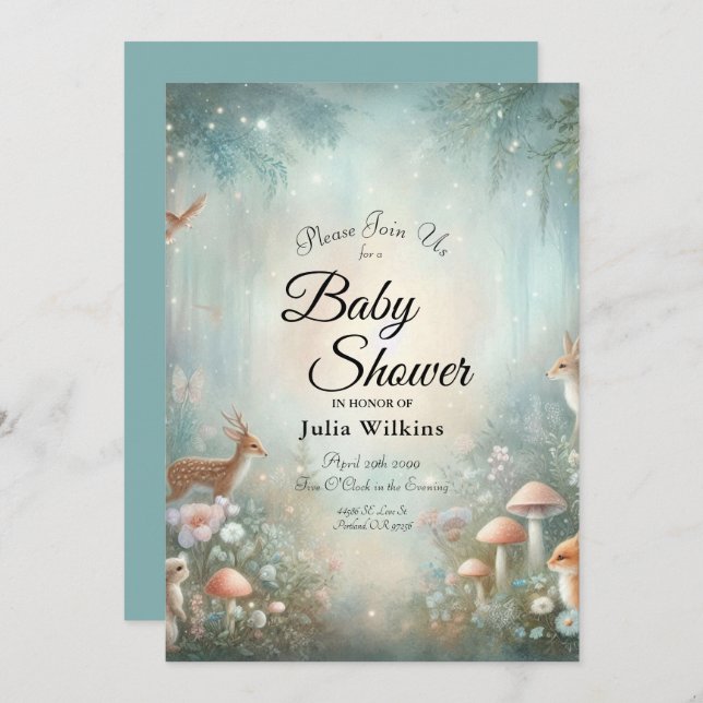 Teal and Peach Enchanted Forest Baby Shower Einladung (Vorne/Hinten)