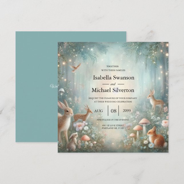 Teal and Peach Enchanted Forest Wedding Einladung (Vorne/Hinten)