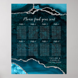 Teal and Silver Agate Wedding Seating Chart Poster
