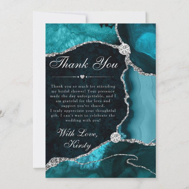 Teal and Silver Faux Glitter Agate Bridal Shower Dankeskarte (Vorderseite)