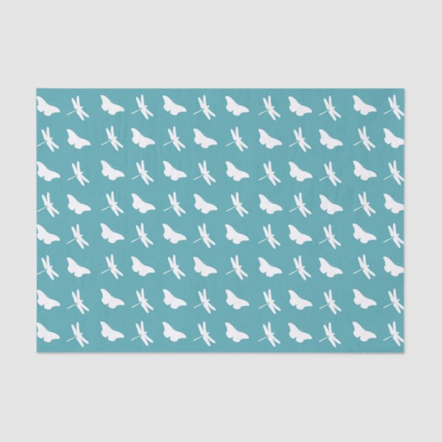 Teal and White Butterfly and Dragonfly Pattern Seidenpapier (Vorderseite)