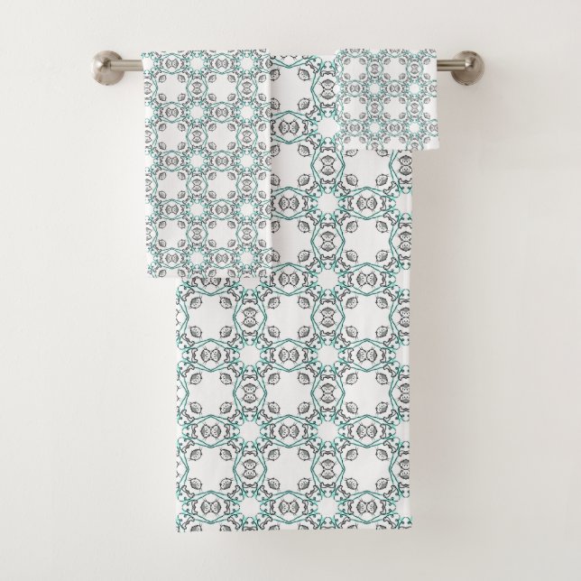 Teal and white geometric patterned  badhandtuch set (Insitu)