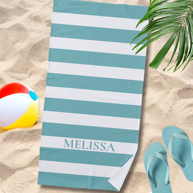  Teal And White Striped Name Cabana Stripe  Strandtuch (Von Creator hochgeladen)
