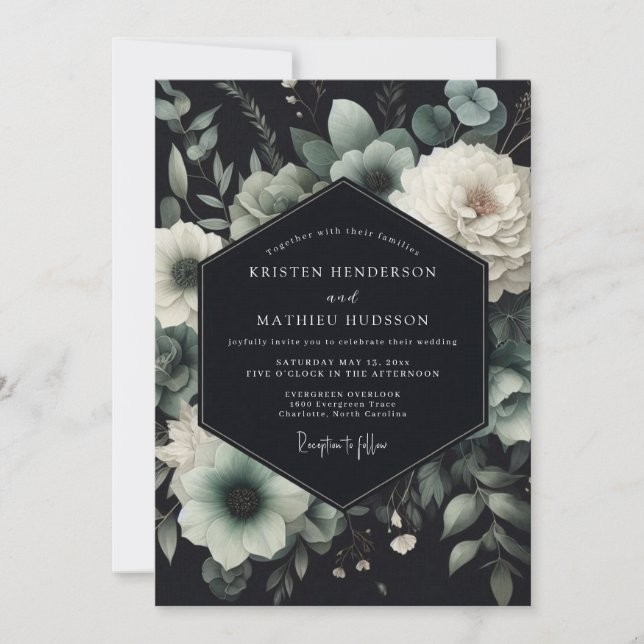 Teal Anemone Noir Hochzeit Einladung (Vorderseite)