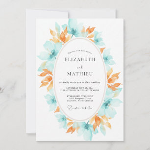 Teal-Aprikosen-Kranz-Hochzeit Einladung