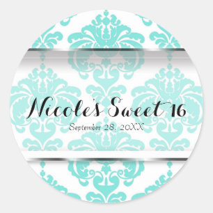 Teal Aqua Damast Vintage Glam Hochzeits Event Gesc Runder Aufkleber