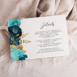 Teal Aqua Floral Gold Script Wedding Details Begleitkarte