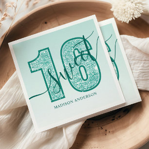 Teal Aqua Glitter Schriftzug Sweet 16 Geburtstag Serviette