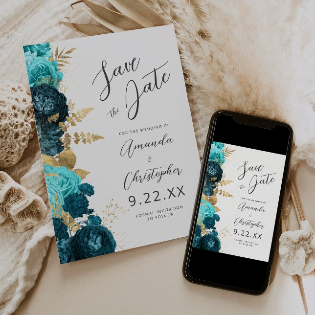 Teal Aqua Gold Floral Script Save the Date Ankündigung (Von Creator hochgeladen)