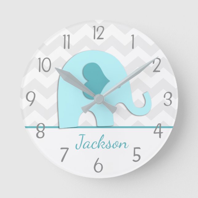 Teal Aqua Grey Elephant Nursery Wallclock Runde Wanduhr (Vorderseite)