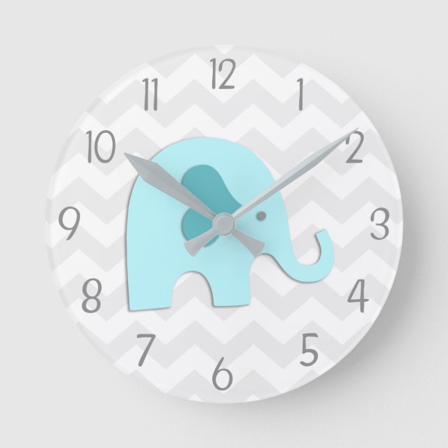 Teal Aqua Grey Elephant Nursery Wallclock Runde Wanduhr (Vorderseite)