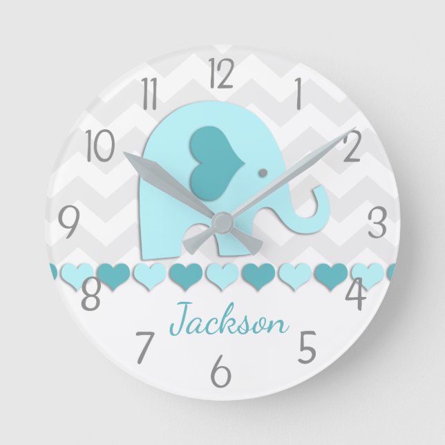 Teal Aqua Grey Elephant Nursery Wallclock Runde Wanduhr (Vorderseite)