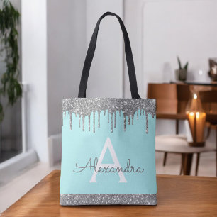Teal Aqua Silber Glitter Glanz Elegantes Monogramm