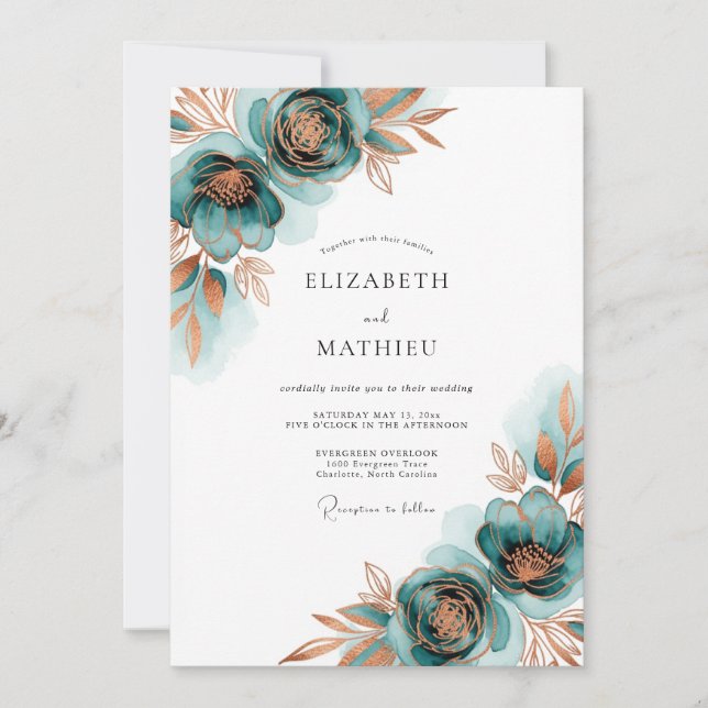 Teal Autumnal Bloom Wedding Einladung (Vorderseite)